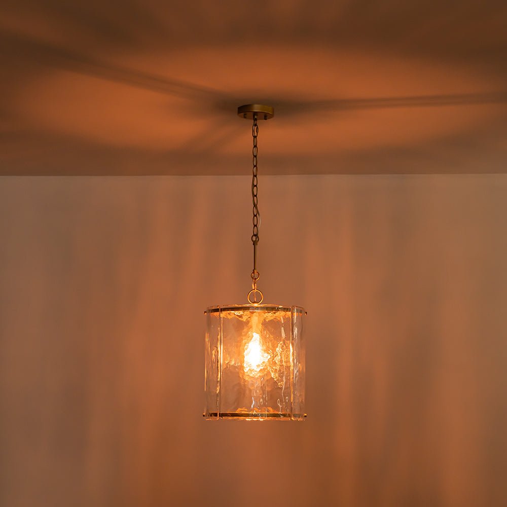 Ribbed Glass Cage Hanging Light 13 in Brass or Nickel for Kitchen Counter & Dining Table with Adjustable 79 in Chain
