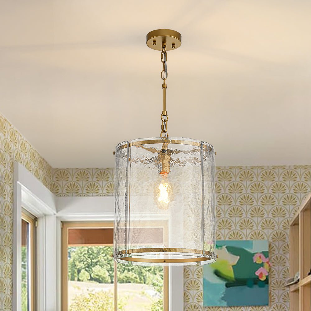 Ribbed Glass Cage Hanging Light 13 in Brass or Nickel for Kitchen Counter & Dining Table with Adjustable 79 in Chain
