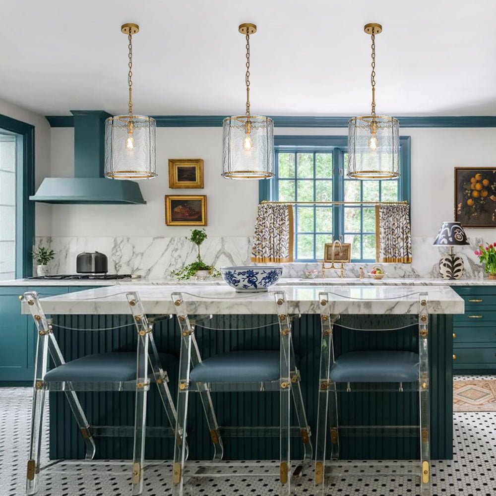 Ribbed Glass Cage Hanging Light 13 in Brass or Nickel for Kitchen Counter & Dining Table with Adjustable 79 in Chain
