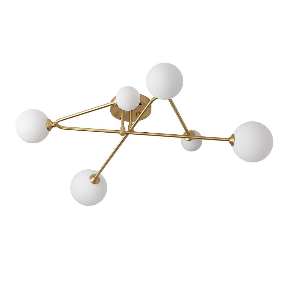 Mid-Century 6-Globe Ceiling Light with Brass Arms – Frosted Glass Shades, Hardwired Installation, G9 Base Compatible, Dimmable for Living