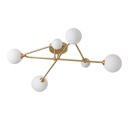 Mid-Century 6-Globe Ceiling Light with Brass Arms – Frosted Glass Shades, Hardwired Installation, G9 Base Compatible, Dimmable for Living