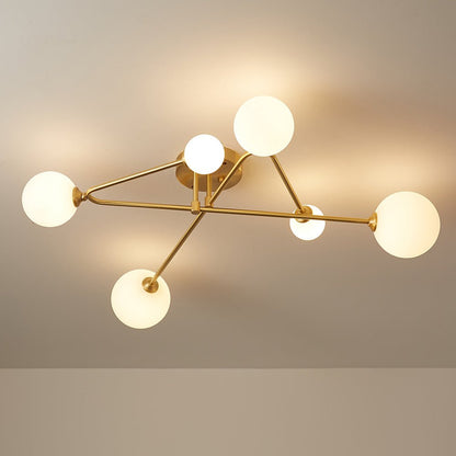 Mid-Century 6-Globe Ceiling Light with Brass Arms – Frosted Glass Shades, Hardwired Installation, G9 Base Compatible, Dimmable for Living
