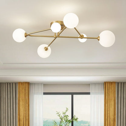 Mid-Century 6-Globe Ceiling Light with Brass Arms – Frosted Glass Shades, Hardwired Installation, G9 Base Compatible, Dimmable for Living