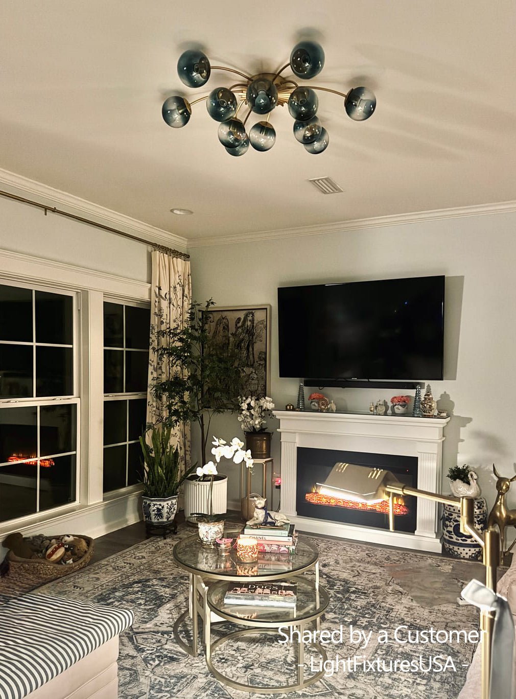 12-Arm Starburst Ceiling Light with Gradient Azure Sphere Shades & Metallic Finish for Entryway