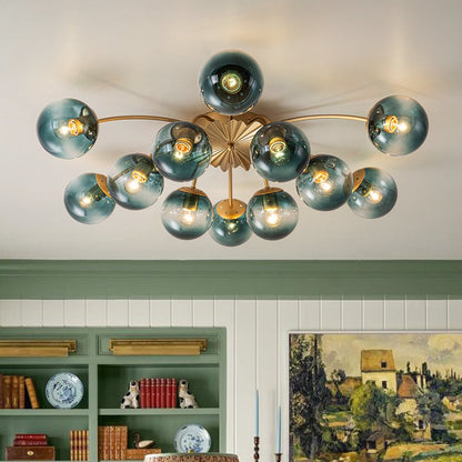 12-Arm Starburst Ceiling Light with Gradient Azure Sphere Shades & Metallic Finish for Entryway