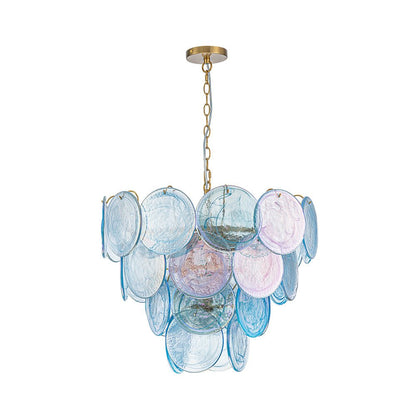 Layered Round Ceiling Fixture with Hand-Blown Sapphire Swirl Glass Discs for Dining Room & Entryway