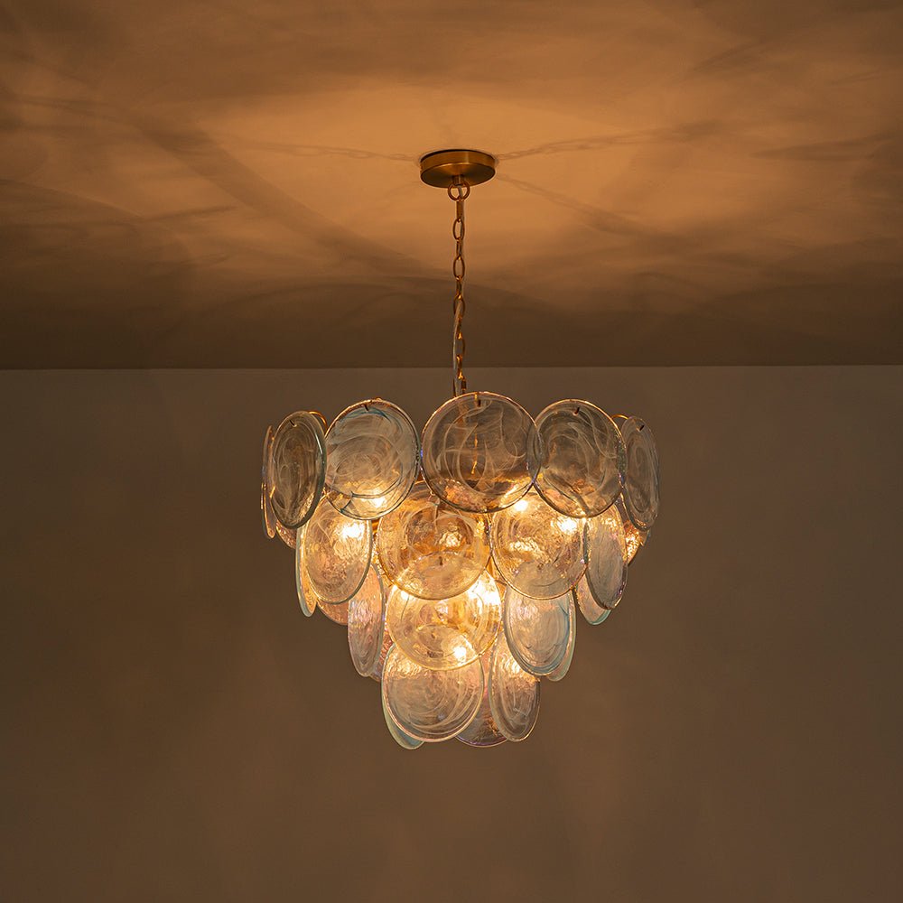Layered Round Ceiling Fixture with Hand-Blown Sapphire Swirl Glass Discs for Dining Room & Entryway