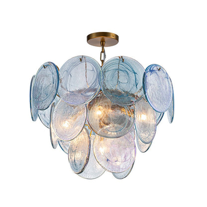 Layered Round Ceiling Fixture with Hand-Blown Sapphire Swirl Glass Discs for Dining Room & Entryway