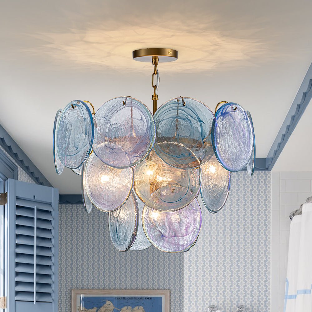 Layered Round Ceiling Fixture with Hand-Blown Sapphire Swirl Glass Discs for Dining Room & Entryway