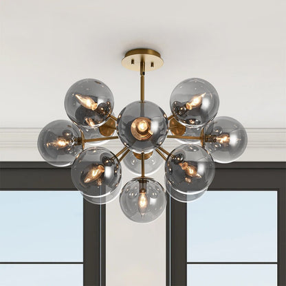 13-Light Sputnik Chandelier with Tinted Glass Globes, 24-Inch Diameter, Adjustable Height Dining Room Fixture for Mid-Century & Modern Homes