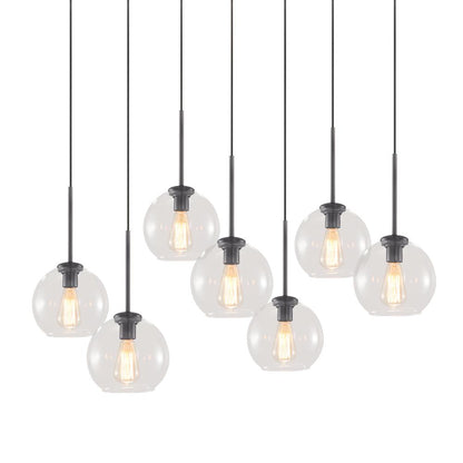 Seven-Globe Hanging Light with Adjustable Height Cords for Kitchen Island & Dining Table, Clear Glass Spheres, 35-Inch Canopy, E26 Base, Dim