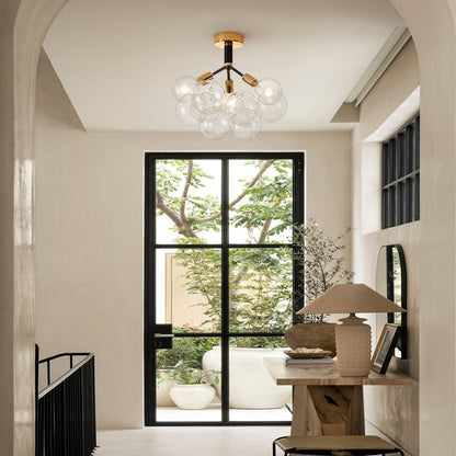 Multi-Globe Ceiling Light with Clear Glass Spheres and Metal Arms for Dining Room & Living Room