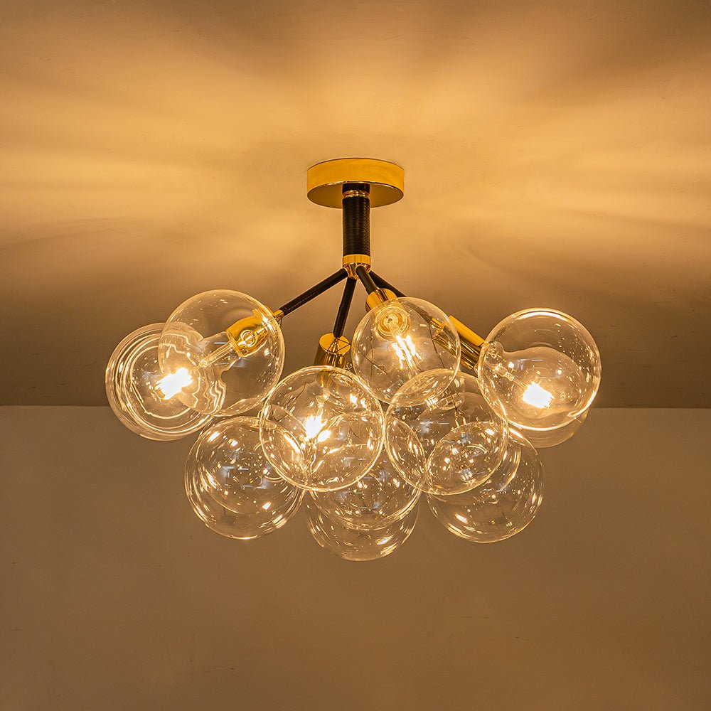 Multi-Globe Ceiling Light with Clear Glass Spheres and Metal Arms for Dining Room & Living Room