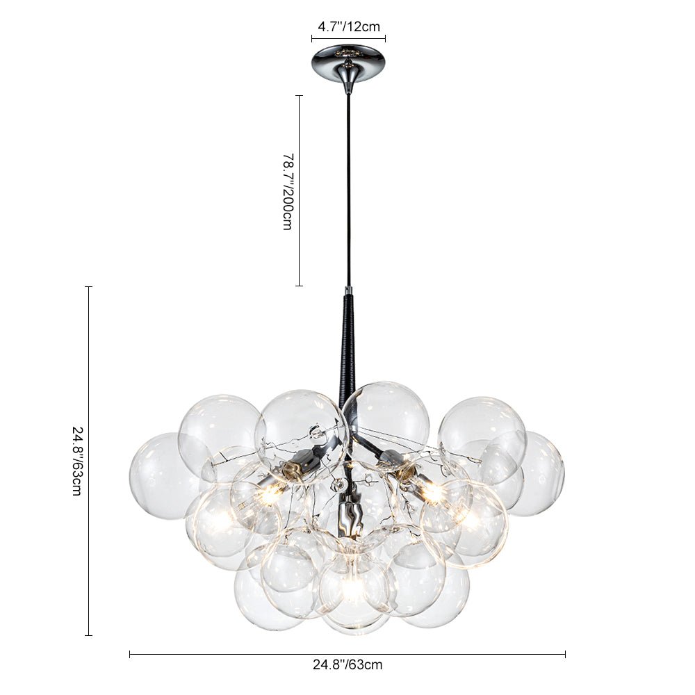 Multi-Globe Hanging Light Fixture Chrome 25 in Adjustable Suspension Cord 20 Glass Orbs LED Ceiling Lamp for Dining Living
