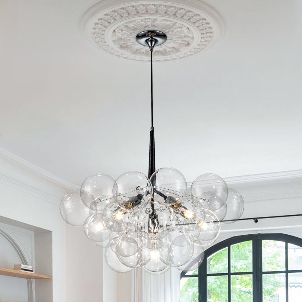 Multi-Globe Hanging Light Fixture Chrome 25 in Adjustable Suspension Cord 20 Glass Orbs LED Ceiling Lamp for Dining Living