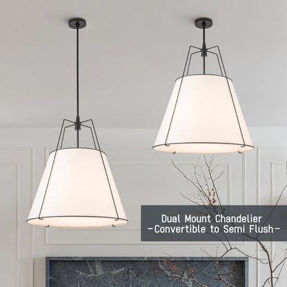 Tapered Fabric Drum Lantern Chandelier with Adjustable Height for Dining Room & Entryway