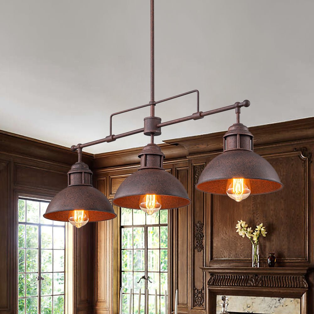 Industrial Kitchen Island Chandelier with Adjustable Drop Rods & Three Dome Shades for Dining Room Hardwired Ceiling Fixture