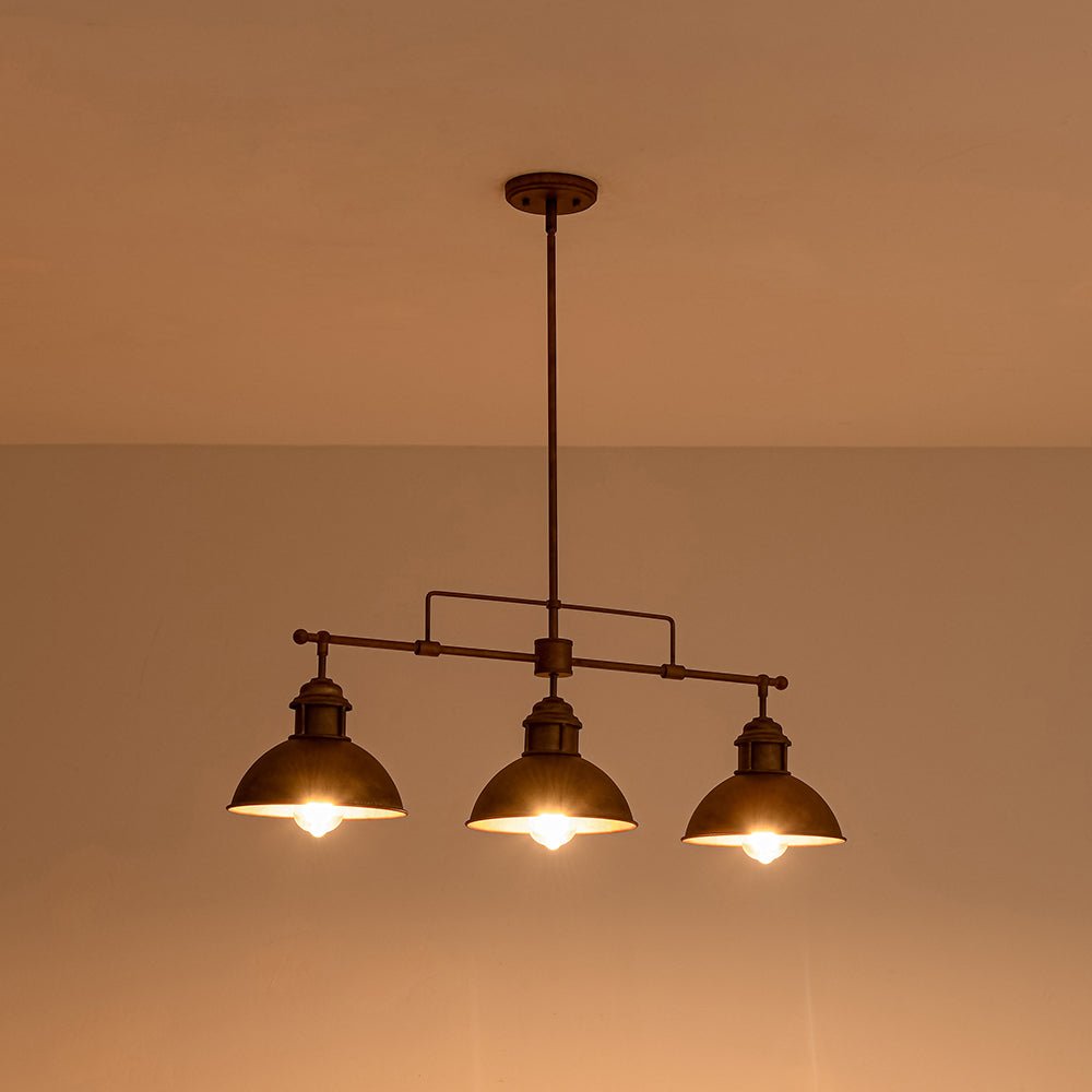 Industrial Kitchen Island Chandelier with Adjustable Drop Rods & Three Dome Shades for Dining Room Hardwired Ceiling Fixture