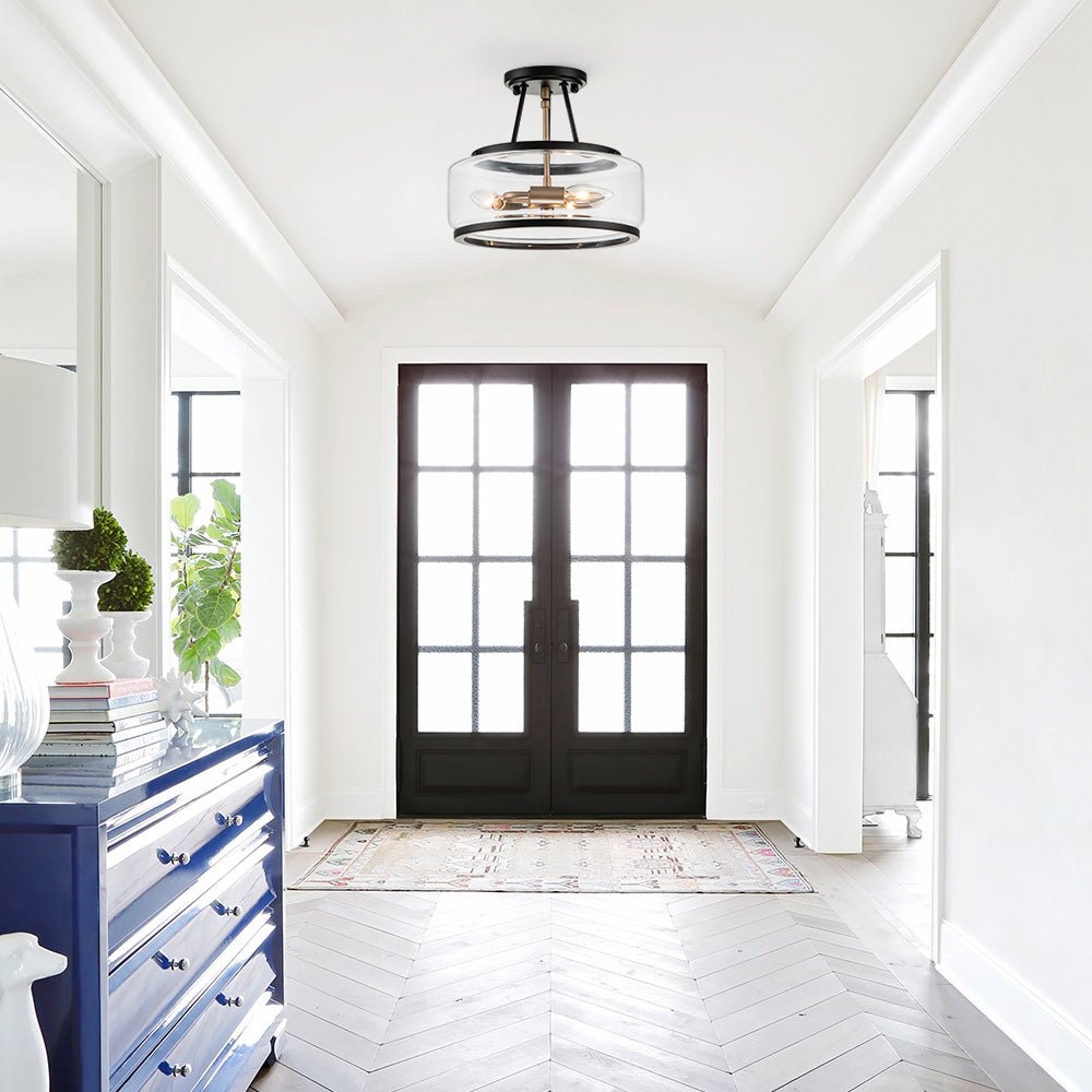 3-Light Clear Glass Ceiling Light Fixture Black Brass Farmhouse Drum Shade for Kitchen Bedroom Entryway Hallway Laundry Dining Room