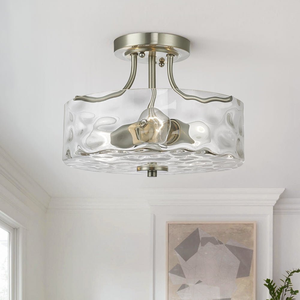 Drum Ceiling Light Fixture Textured Glass Brushed Nickel 12 Inch Semi-Flush Mount for Kitchen Bedroom Hallway Bathroom Two-Bulb Overhead Lig