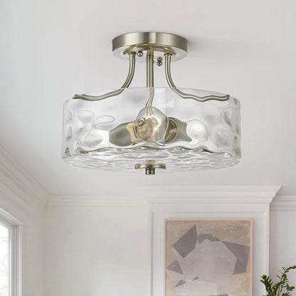 Drum Ceiling Light Fixture Textured Glass Brushed Nickel 12 Inch Semi-Flush Mount for Kitchen Bedroom Hallway Bathroom Two-Bulb Overhead Lig