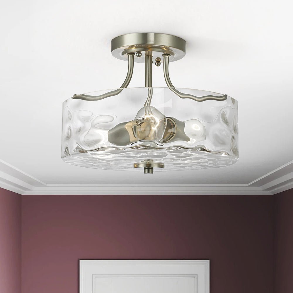 Drum Ceiling Light Fixture Textured Glass Brushed Nickel 12 Inch Semi-Flush Mount for Kitchen Bedroom Hallway Bathroom Two-Bulb Overhead Lig