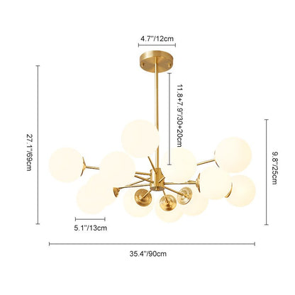 12-Light Mid-Century Ceiling Fixture with Frosted Glass Spheres & Golden Metal Arms for Dining Room, Foyer, Bedroom