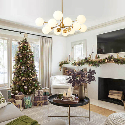 12-Light Mid-Century Ceiling Fixture with Frosted Glass Spheres & Golden Metal Arms for Dining Room, Foyer, Bedroom
