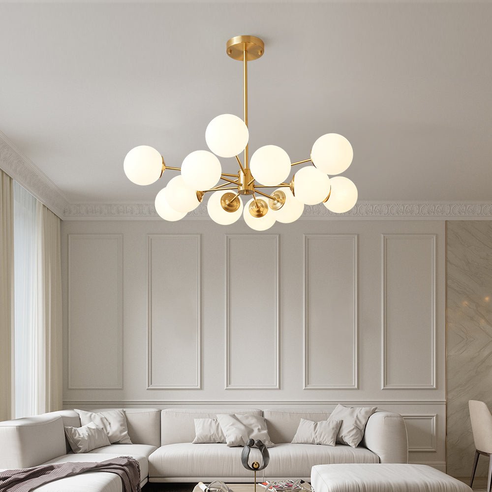 12-Light Mid-Century Ceiling Fixture with Frosted Glass Spheres & Golden Metal Arms for Dining Room, Foyer, Bedroom