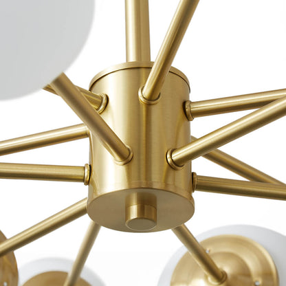 12-Light Mid-Century Ceiling Fixture with Frosted Glass Spheres & Golden Metal Arms for Dining Room, Foyer, Bedroom