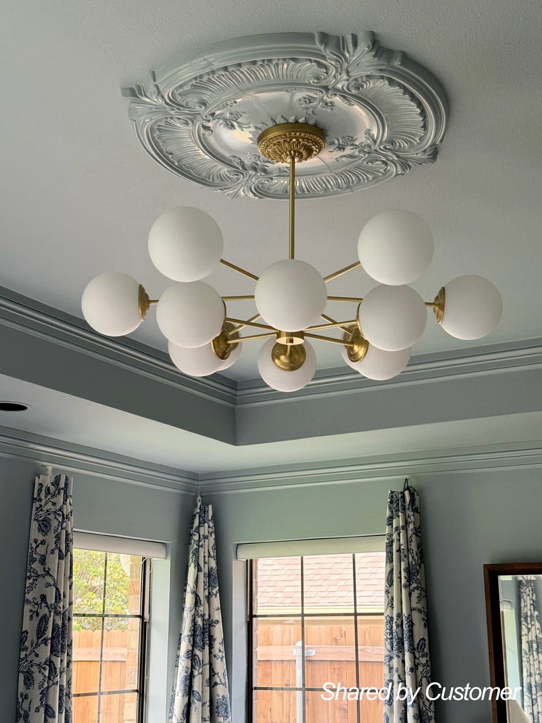 12-Light Mid-Century Ceiling Fixture with Frosted Glass Spheres & Golden Metal Arms for Dining Room, Foyer, Bedroom
