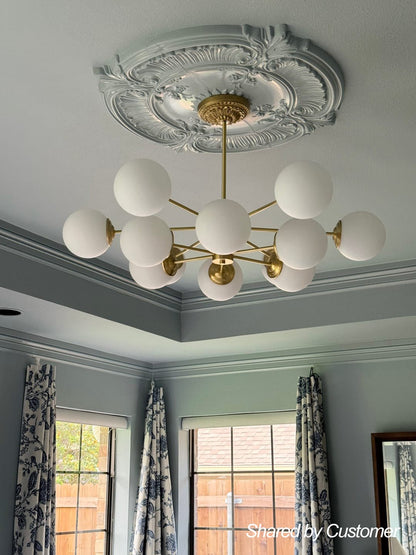 12-Light Mid-Century Ceiling Fixture with Frosted Glass Spheres & Golden Metal Arms for Dining Room, Foyer, Bedroom