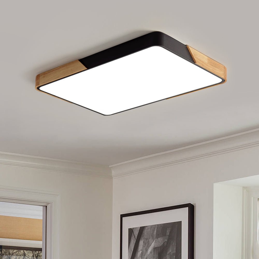 Modern Farmhouse Wood Frame Ceiling Light Fixture - Dimmable LED Low Profile Panel for Kitchen, Living Room, Bedroom - 5 Color