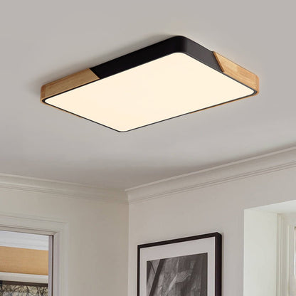Modern Farmhouse Wood Frame Ceiling Light Fixture - Dimmable LED Low Profile Panel for Kitchen, Living Room, Bedroom - 5 Color