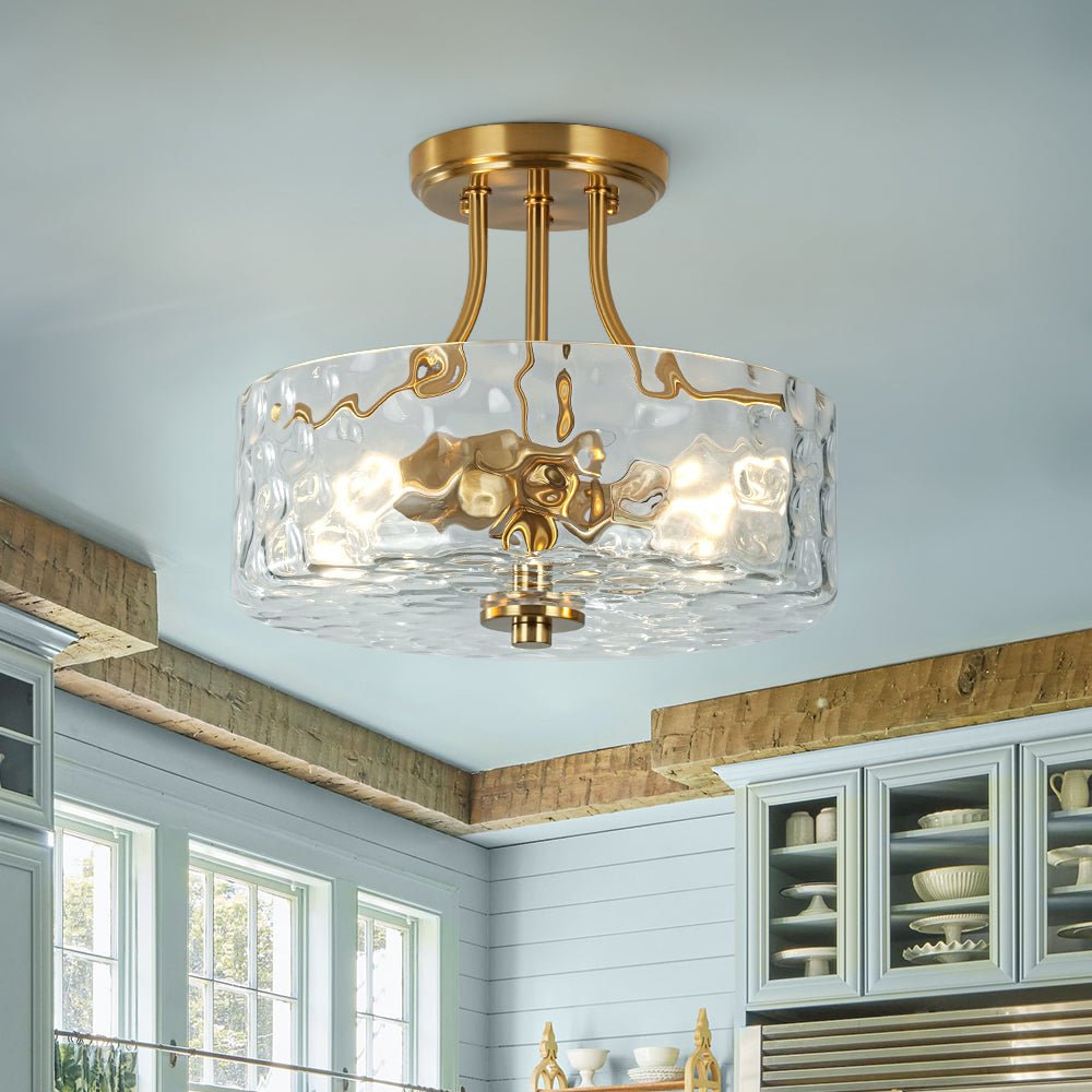 Textured Glass Semi-Flush Ceiling Light 12 Inch Round Drum for Bedrooms Bathrooms Hallways Entryways Compact Spaces Two Bulb Metal Frame Mod