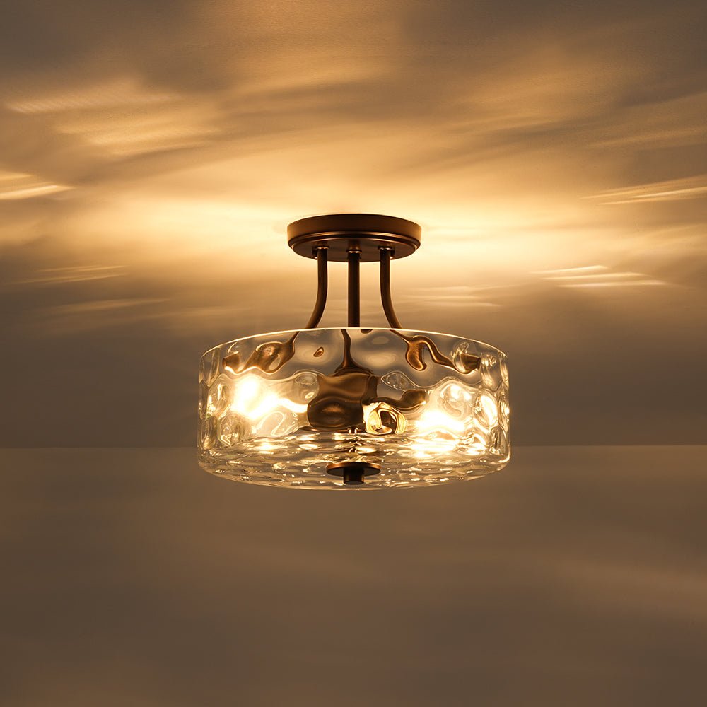 Textured Glass Semi-Flush Ceiling Light 12 Inch Round Drum for Bedrooms Bathrooms Hallways Entryways Compact Spaces Two Bulb Metal Frame Mod