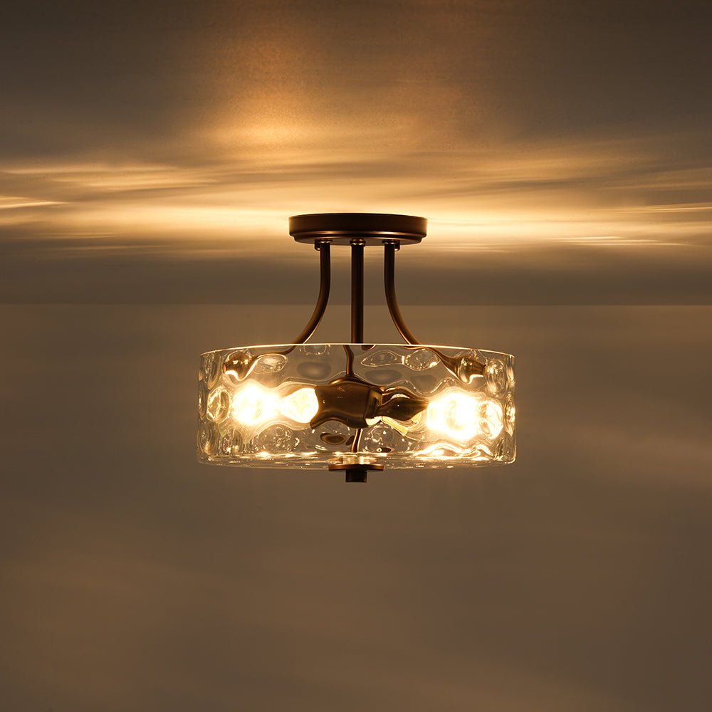 Textured Glass Semi-Flush Ceiling Light 12 Inch Round Drum for Bedrooms Bathrooms Hallways Entryways Compact Spaces Two Bulb Metal Frame Mod