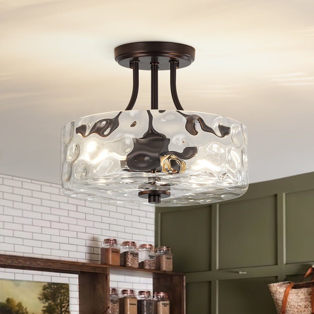 Textured Glass Semi-Flush Ceiling Light 12 Inch Round Drum for Bedrooms Bathrooms Hallways Entryways Compact Spaces Two Bulb Metal Frame Mod
