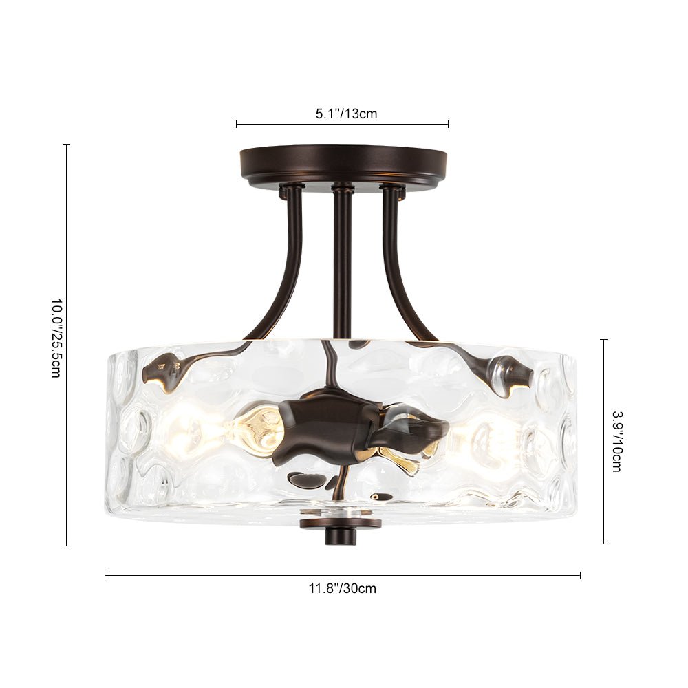 Textured Glass Semi-Flush Ceiling Light 12 Inch Round Drum for Bedrooms Bathrooms Hallways Entryways Compact Spaces Two Bulb Metal Frame Mod
