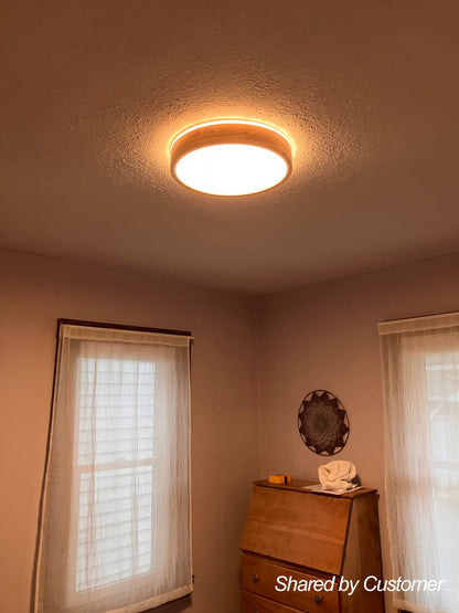 Dimmable Hardwired Ceiling Light Fixture Wood Rim Acrylic Shade 5-Color Temperature Adjustable LED Module for Kitchen Bedroom Living Room