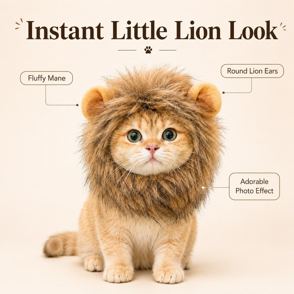 Ortekor Soft Lion Mane Pet Headpiece for Cats & Small Dogs - Easy Open-Face Costume for Halloween Photos, Pet Parties & Outdoor Fun