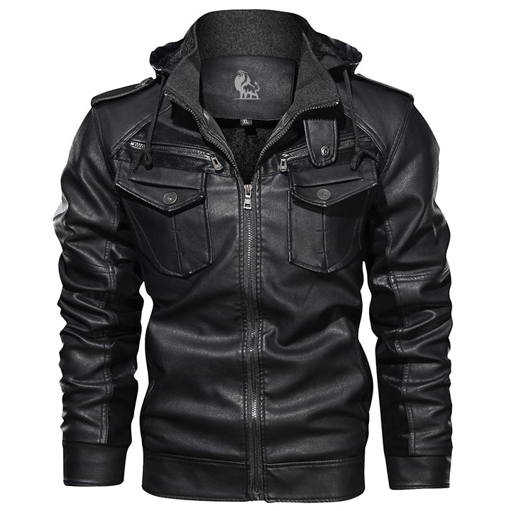 Men's Hooded Faux Leather Moto Jacket - Removable Hood, Water-Resistant PU Coat for Fall & Winter