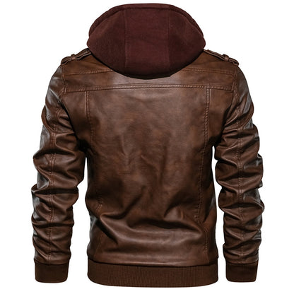 Men's Hooded Faux Leather Jacket with Removable Hood – Waterproof Scratch-Resistant Moto Biker Coat for Fall Winter
