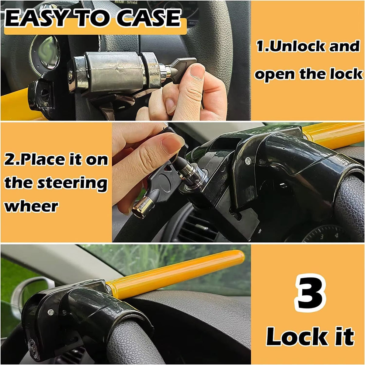 Heavy-Duty Steering Wheel Lock Bar – Anti-Theft Car Security Device with High-Visibility Design for Cars, Trucks, SUVs & Vans