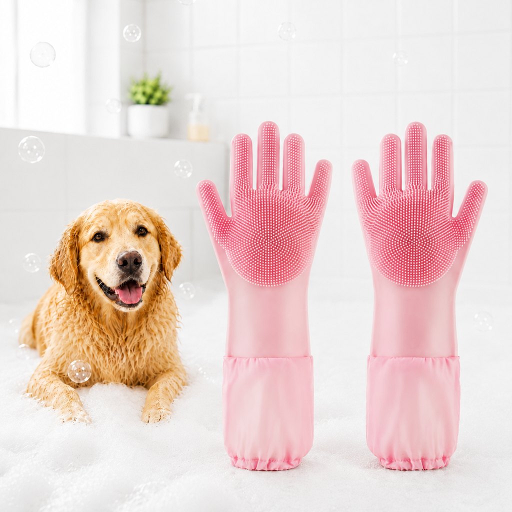 Ortekor Long-Sleeve Pet Bath & Grooming Gloves for Cats & Dogs - Cleaner Baths, Gentle Deshedding & Massage