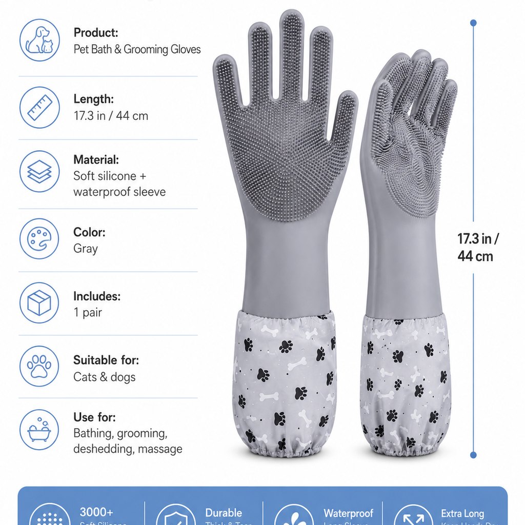 Ortekor Long-Sleeve Pet Bath & Grooming Gloves for Cats & Dogs - Cleaner Baths, Gentle Deshedding & Massage