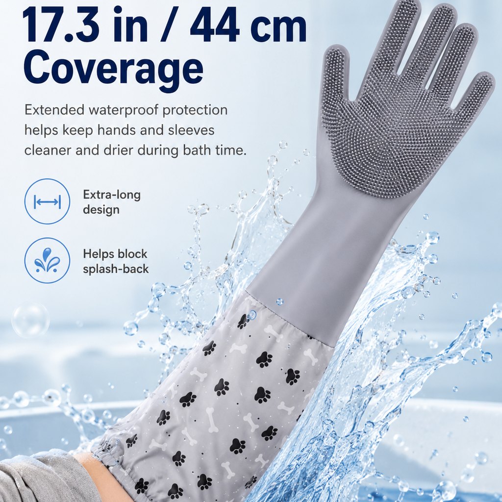 Ortekor Long-Sleeve Pet Bath & Grooming Gloves for Cats & Dogs - Cleaner Baths, Gentle Deshedding & Massage