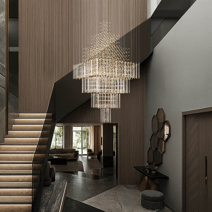 Tiered Crystal Chandelier with Cascading Glass Drops for Foyer, Staircase & High Ceilings – Adjustable Height Modern Lighting Fixture