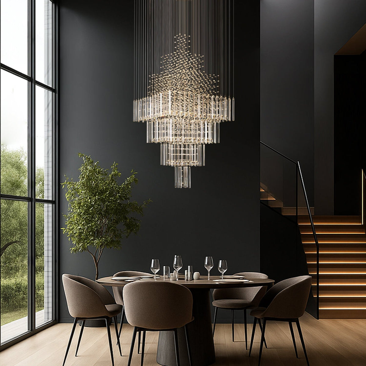 Tiered Crystal Chandelier with Cascading Glass Drops for Foyer, Staircase & High Ceilings – Adjustable Height Modern Lighting Fixture