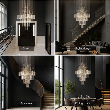 Tiered Crystal Chandelier with Cascading Glass Drops for Foyer, Staircase & High Ceilings – Adjustable Height Modern Lighting Fixture